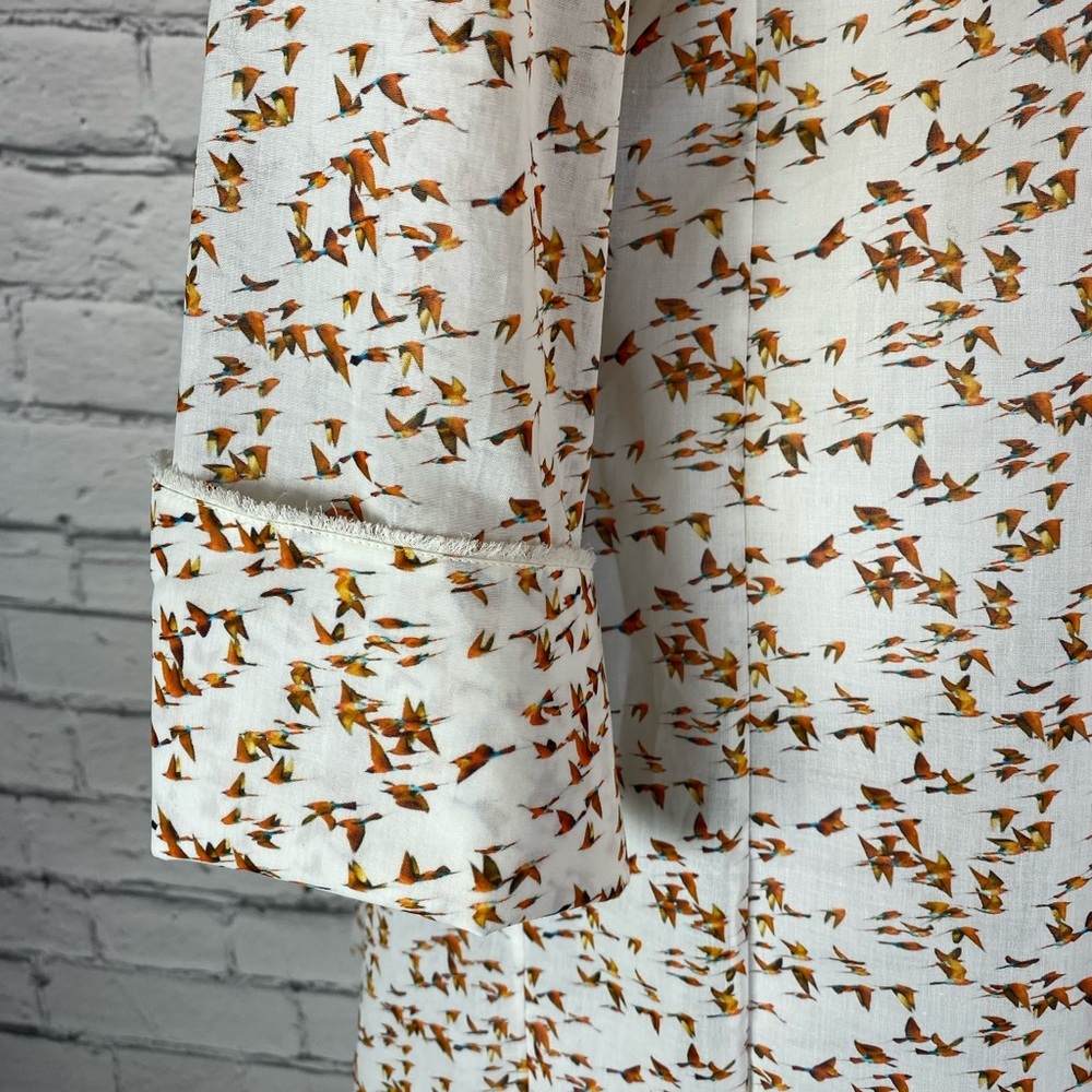 Akris Bohemian Bird Geometric Print Tunic Button Down Shirt Bell Sleeves Size 14 - Picture 6 of 16